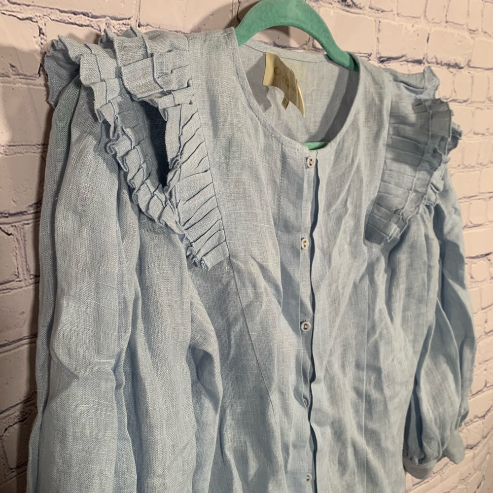 Carolina K Womens H emp Full Button Ruffle Top Blue Size S Preppy Quiet Luxury - Picture 2 of 6